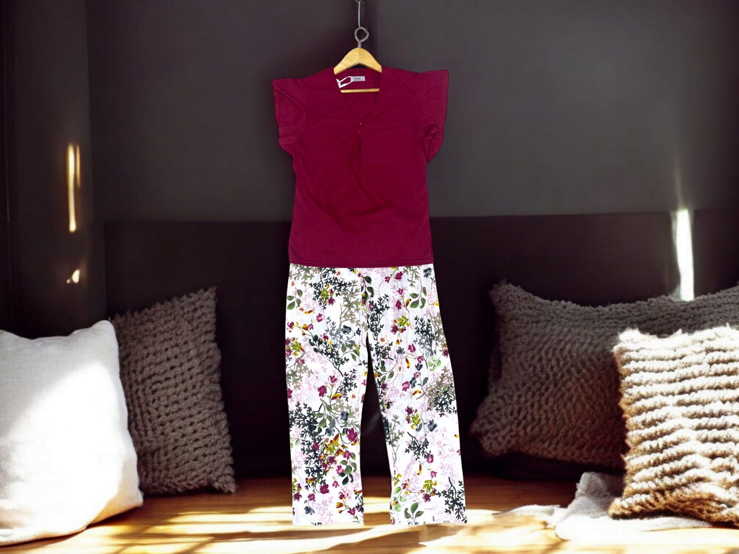Maroon Bloom – Women's Flared Sleeve Sleepwear Set