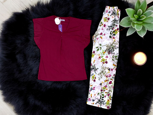 Maroon Bloom – Women's Flared Sleeve Sleepwear Set