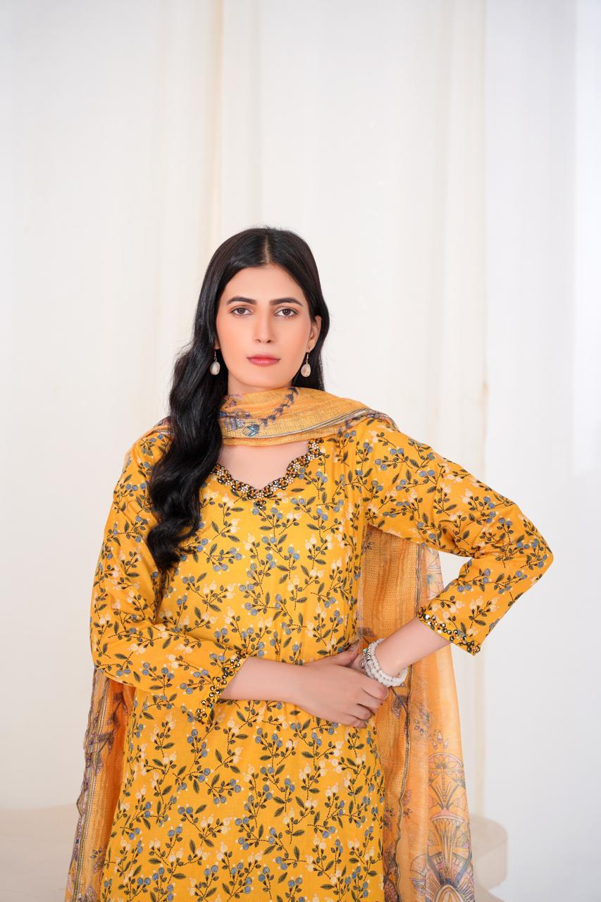 Golden Bloom – Stitched 3-Piece Mustard Printed Lawn Suit
