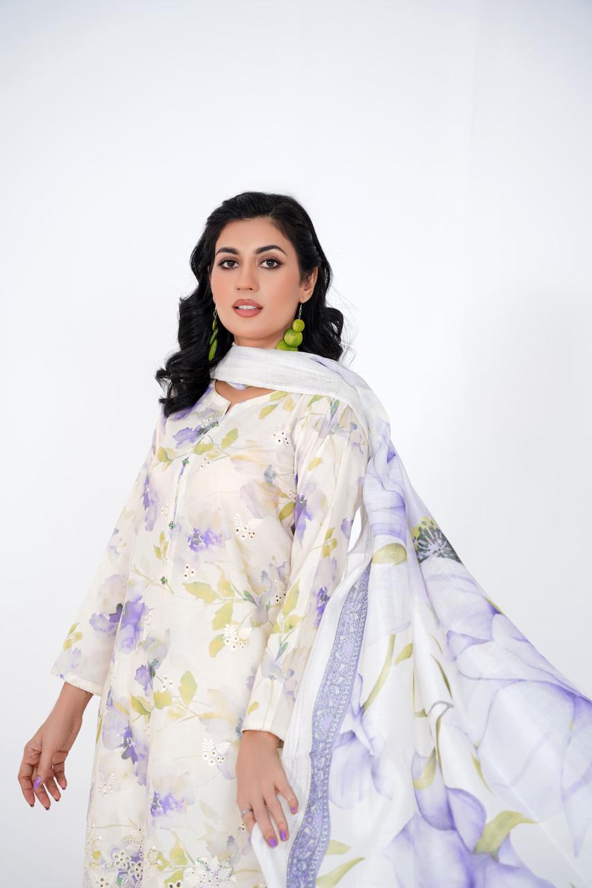 Lily Haze – Stitched 3-Piece Ivory & Lavender Lawn Suit