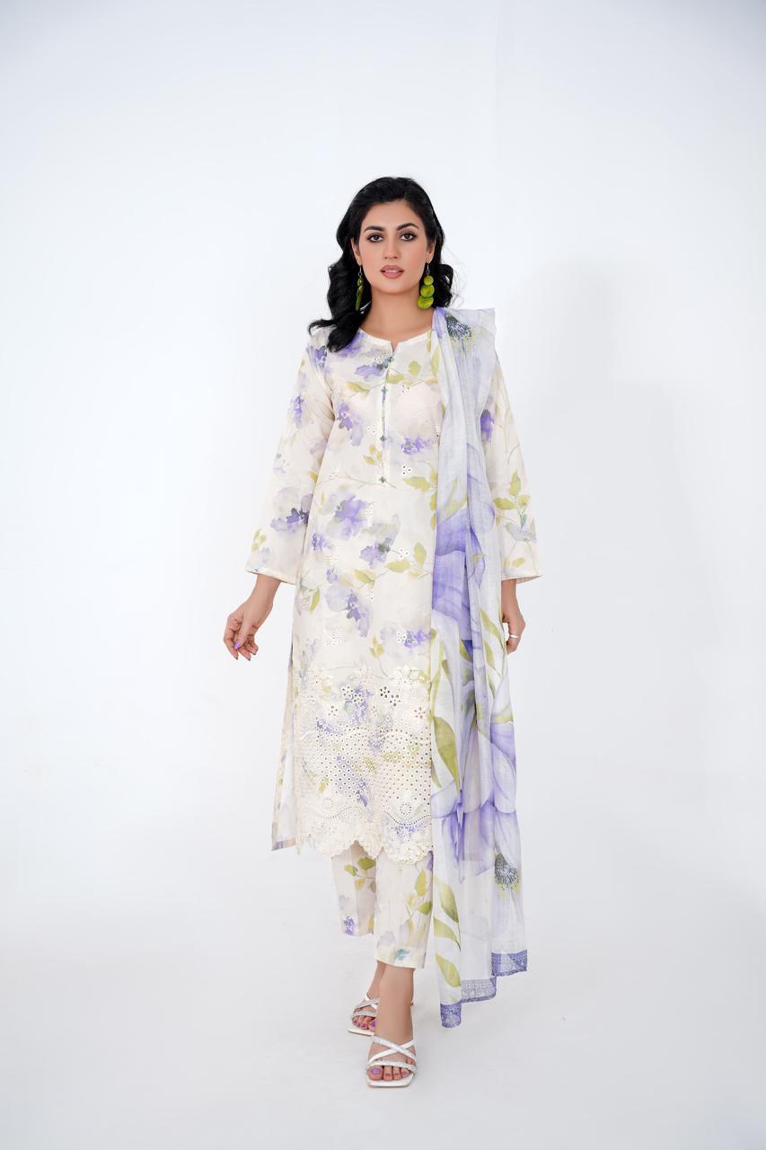 Lily Haze – Stitched 3-Piece Ivory & Lavender Lawn Suit