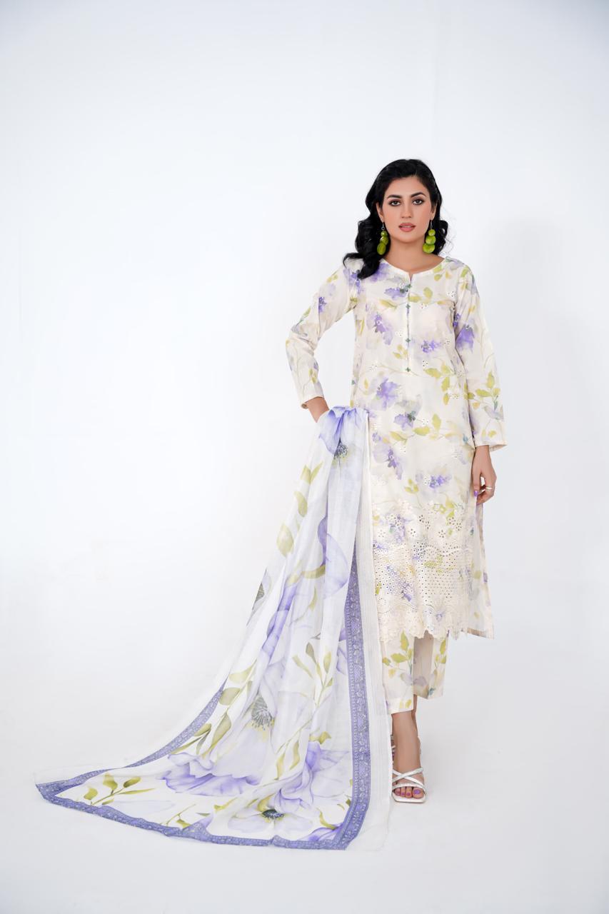 Lily Haze – Stitched 3-Piece Ivory & Lavender Lawn Suit