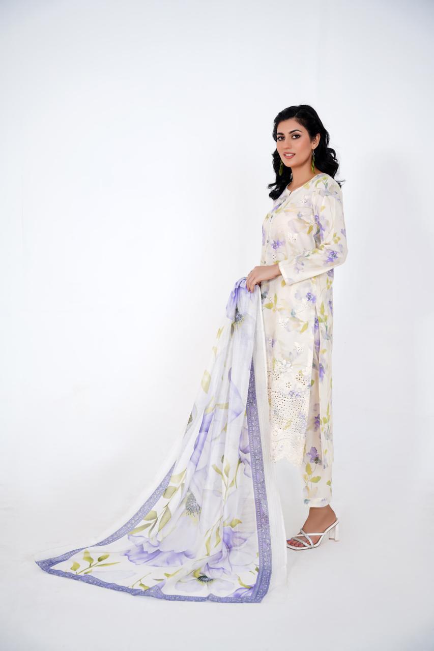 Lily Haze – Stitched 3-Piece Ivory & Lavender Lawn Suit