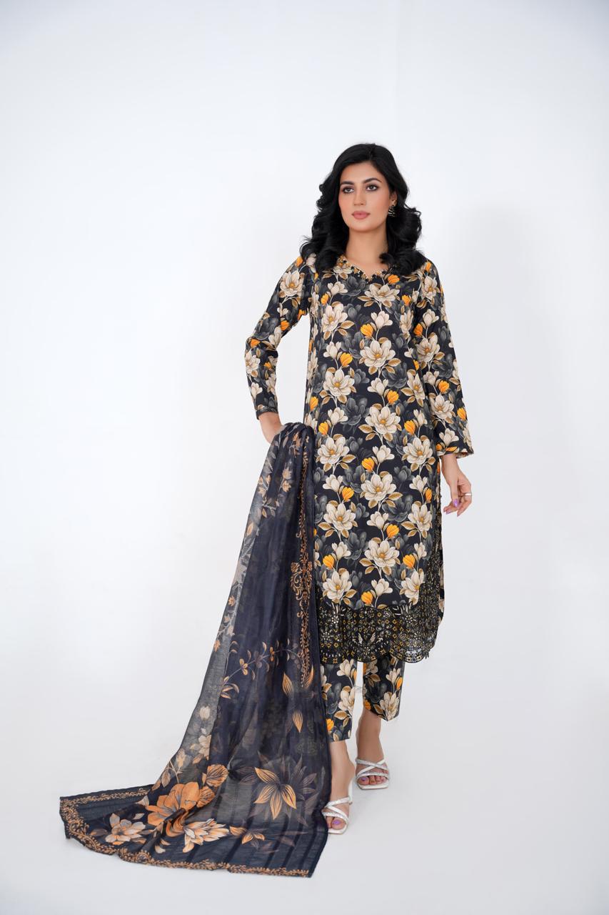 Midnight Bloom – Stitched 3-Piece Black Floral Lawn Suit