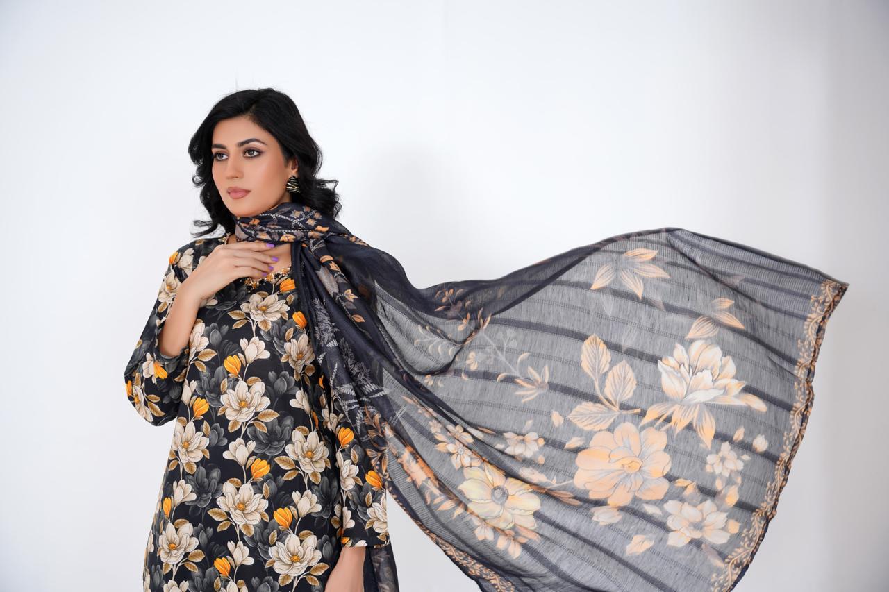 Midnight Bloom – Stitched 3-Piece Black Floral Lawn Suit