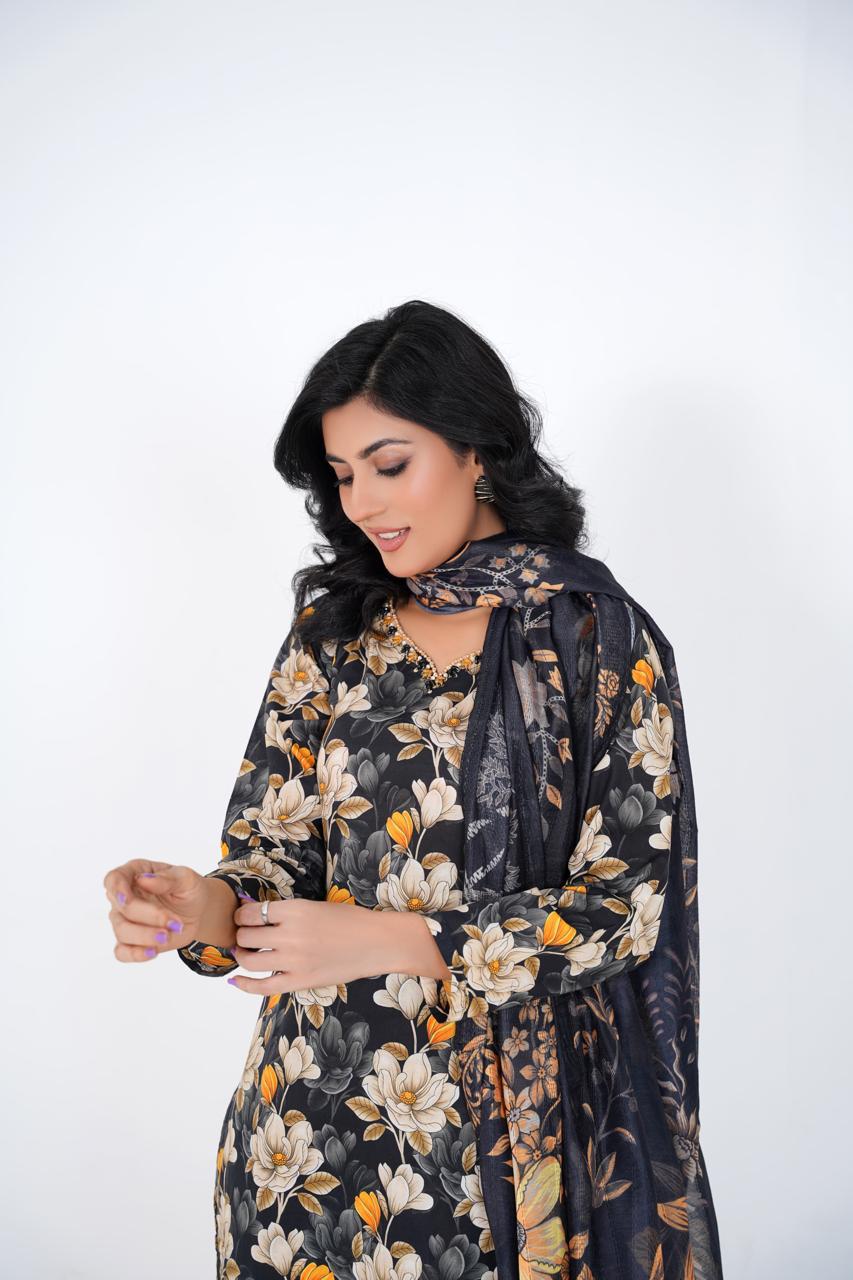 Midnight Bloom – Stitched 3-Piece Black Floral Lawn Suit