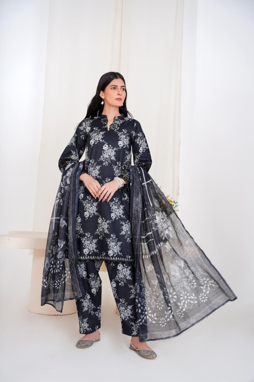 Noir Flora – Stitched 3-Piece Black Printed Lawn Suit