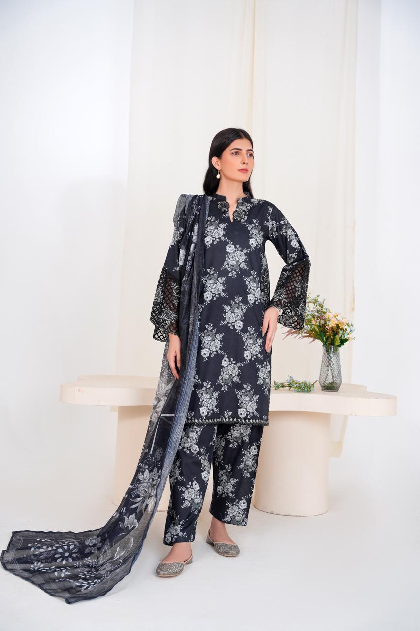 Noir Flora – Stitched 3-Piece Black Printed Lawn Suit