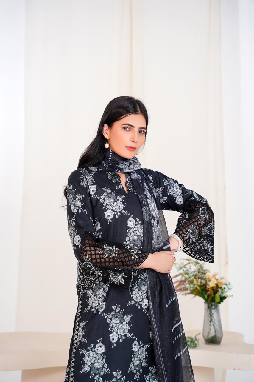 Noir Flora – Stitched 3-Piece Black Printed Lawn Suit